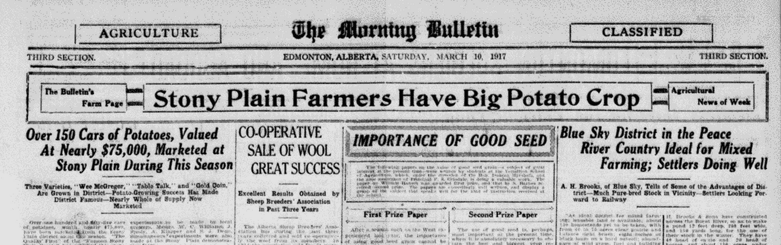 The Edmonton Bulletin on Saturday  March 10 1917 Blue Sky District in the Peace River Country Ideal for Mixed Farming per A H Brooks